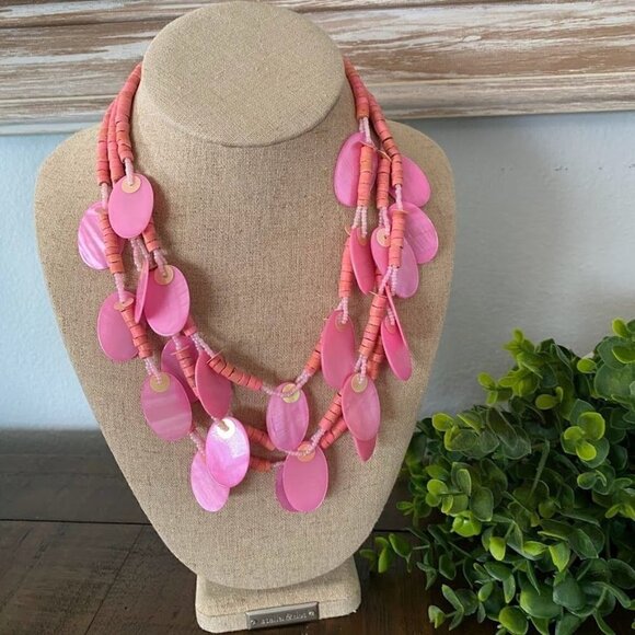 Vintage Three Strand Pink Beaded and Shell Necklace - Picture 1 of 3